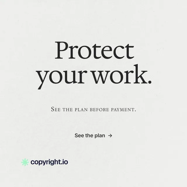 Instagram post for copyright.io: "Protect your work." Minimal luxury style, smallcaps layout, light palette in white, grey.