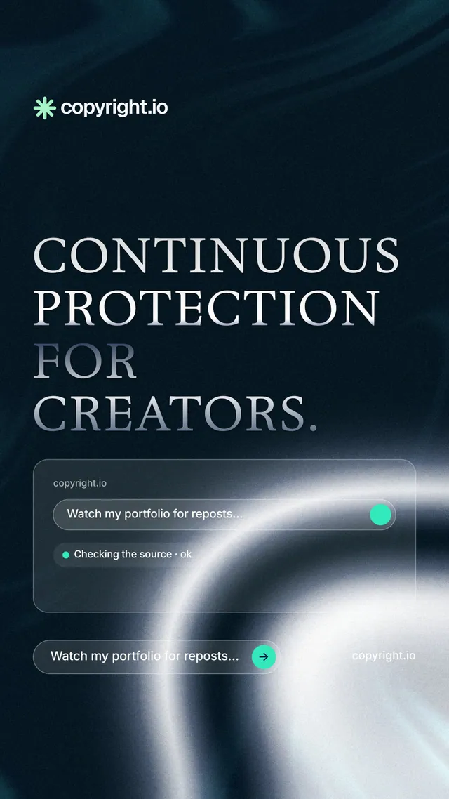 Instagram story for copyright.io: "Continuous protection for creators." Agentic glass style, poster layout, dark palette in blue, black, grey.