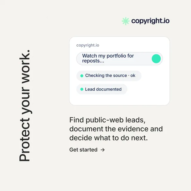 Instagram post for copyright.io: "Protect your work." Minimal luxury style, vertical layout, light palette in white, grey.