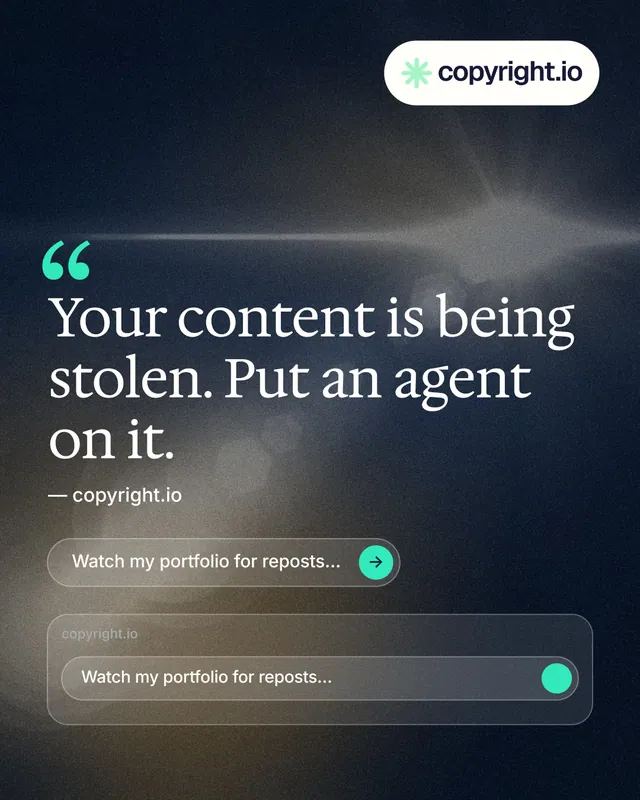 Instagram portrait post for copyright.io: "Your content is being stolen." Agentic glass style, quote layout, dark palette in blue, black, grey.