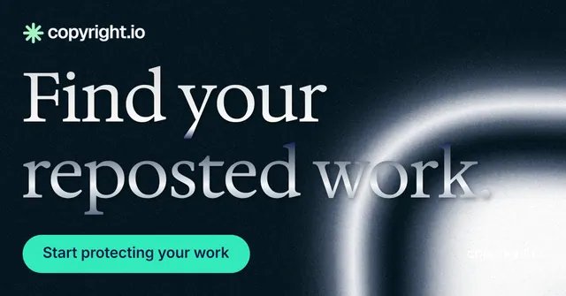 Social ad for copyright.io: "Find your reposted work." Y2K style, poster layout, dark palette in black, teal, blue.