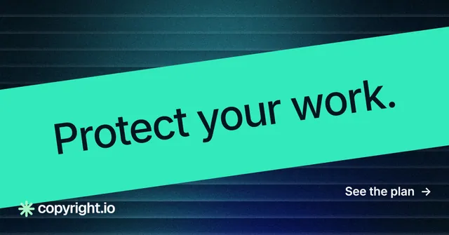 Social ad for copyright.io: "Protect your work." Minimal luxury style, diagonal layout, light palette in teal, black, blue.