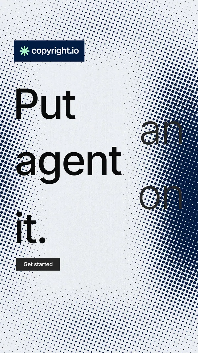 Instagram story for copyright.io: "Put an agent on it." Retro print style, stacked layout, light palette in grey, white.