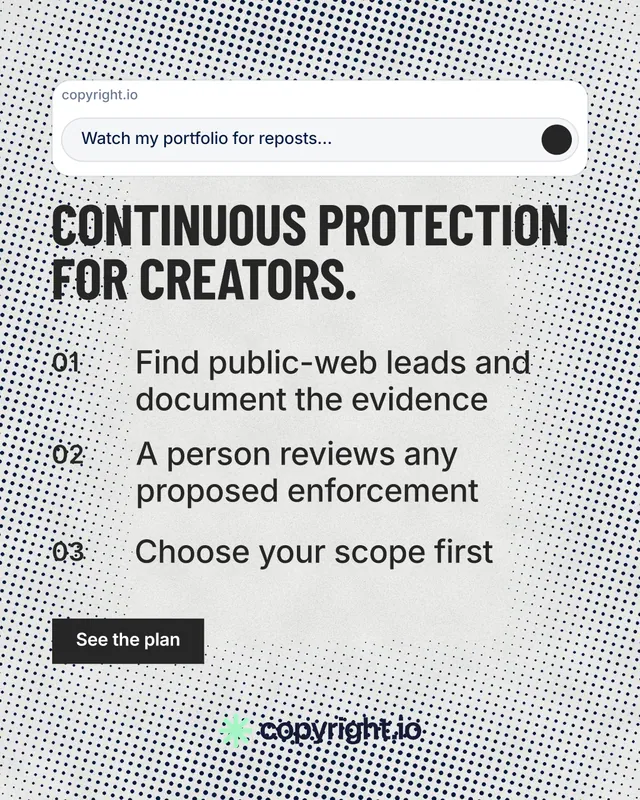 Instagram portrait post for copyright.io: "Continuous protection for creators." Retro print style, numbered layout, light palette in grey, white.