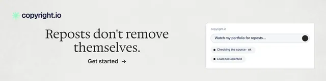 LinkedIn banner for copyright.io: "Reposts don't remove themselves." Minimal luxury style, skeleton layout, light palette in white, grey.