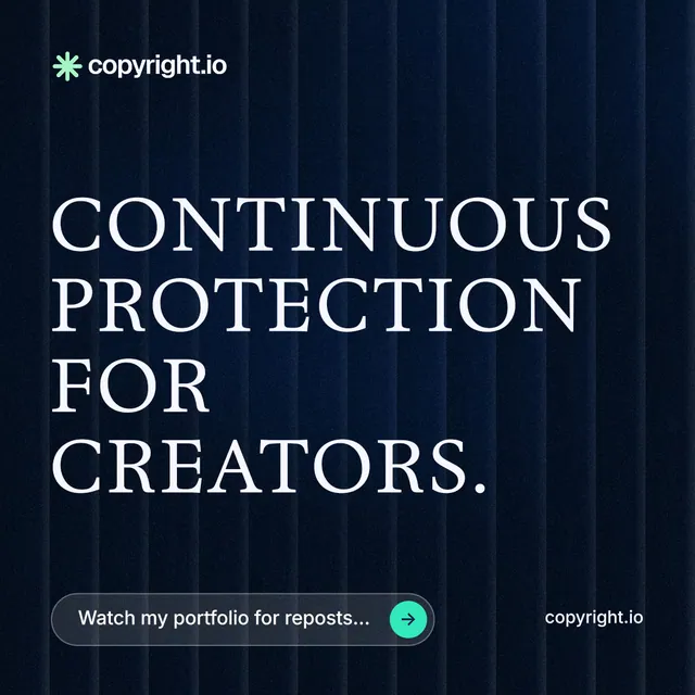 Instagram post for copyright.io: "Continuous protection for creators." Agentic glass style, poster layout, dark palette in black, grey, blue.