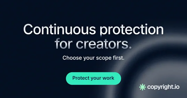 Social ad for copyright.io: "Continuous protection for creators." Y2K style, centred layout, dark palette in black, grey, blue.