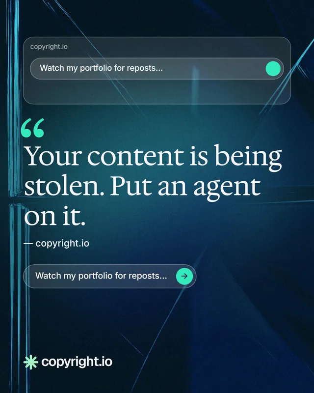 Instagram portrait post for copyright.io: "Your content is being stolen." Agentic glass style, quote layout, dark palette in blue, black, teal.