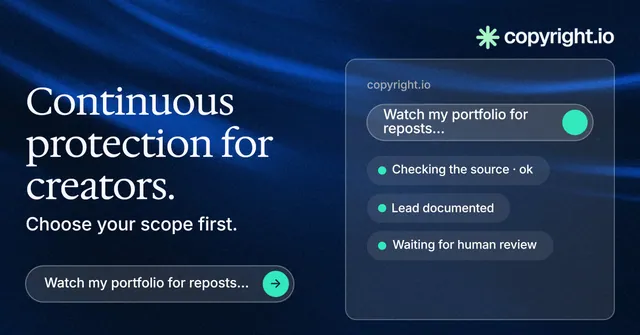 Social ad for copyright.io: "Continuous protection for creators." Agentic glass style, bottom layout, dark palette in black, blue.