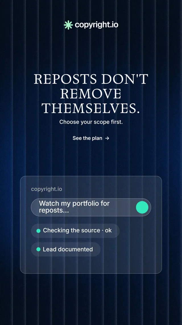 Instagram story for copyright.io: "Reposts don't remove themselves." Minimal luxury style, centred layout, dark palette in black, blue.