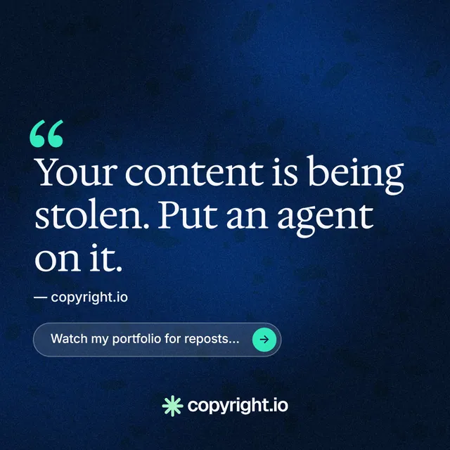 Instagram post for copyright.io: "Your content is being stolen." Agentic glass style, quote layout, dark palette in black, blue.