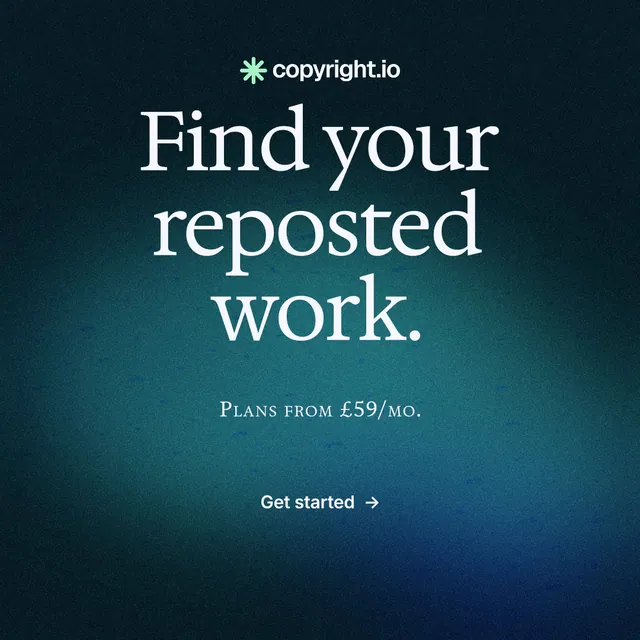 Instagram post for copyright.io: "Find your reposted work." Minimal luxury style, smallcaps layout, dark palette in blue, black, teal.