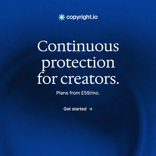 Instagram post for copyright.io: "Continuous protection for creators." Minimal luxury style, centred layout, dark palette in blue.
