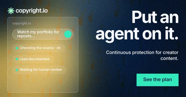 Social ad for copyright.io: "Put an agent on it." Swiss style, right layout, dark palette in yellow, black, grey.