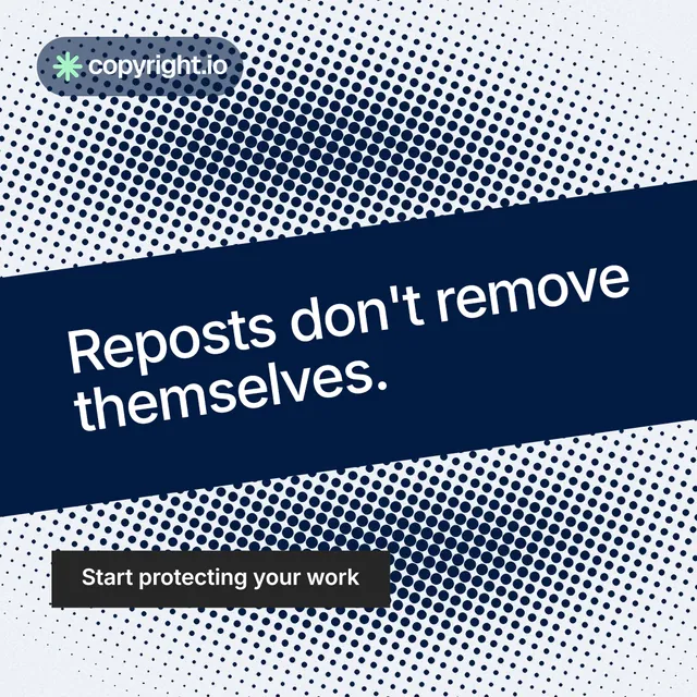 Instagram post for copyright.io: "Reposts don't remove themselves." Swiss style, diagonal layout, light palette in blue, grey, white.