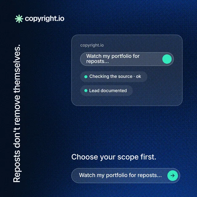 Instagram post for copyright.io: "Reposts don't remove themselves." Agentic glass style, vertical layout, dark palette in black, blue.