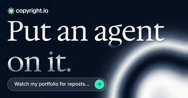 Social ad for copyright.io: "Put an agent on it." Agentic glass style, poster layout, dark palette in black, grey, blue.
