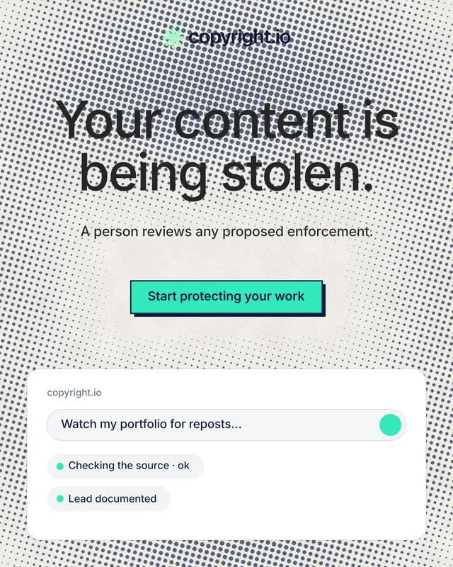 Instagram portrait post for copyright.io: "Your content is being stolen." Brutalist style, centred layout, light palette in grey, white.