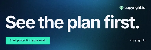 X header for copyright.io: "See the plan first." Swiss style, poster layout, dark palette in blue, black, teal.