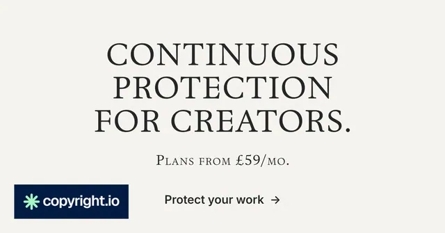 Social ad for copyright.io: "Continuous protection for creators." Editorial style, smallcaps layout, light palette in white, grey.