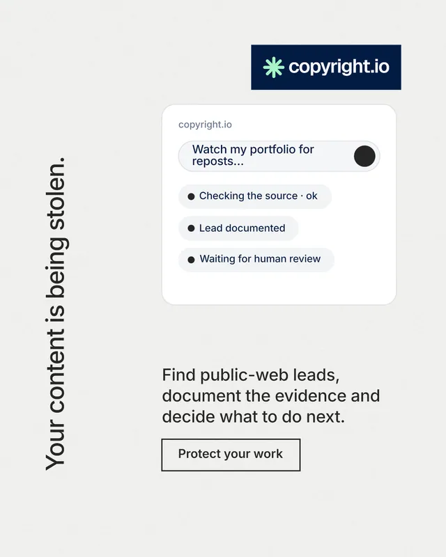 Instagram portrait post for copyright.io: "Your content is being stolen." Editorial style, vertical layout, light palette in white.