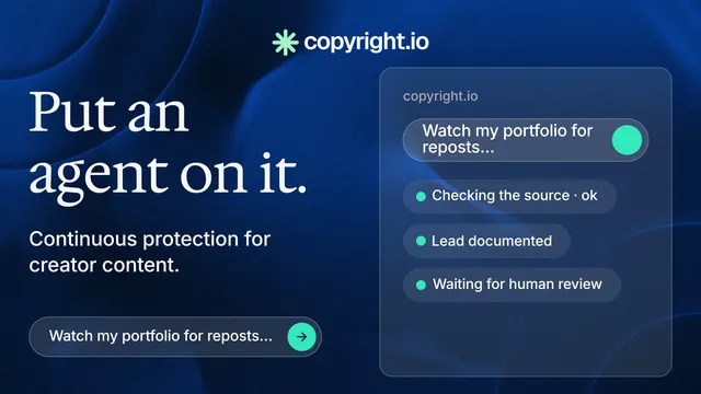 Landscape graphic for copyright.io: "Put an agent on it." Agentic glass style, bottom layout, dark palette in blue, black.