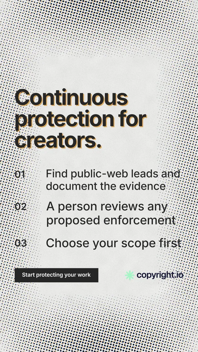 Instagram story for copyright.io: "Continuous protection for creators." Swiss style, numbered layout, light palette in grey, white.