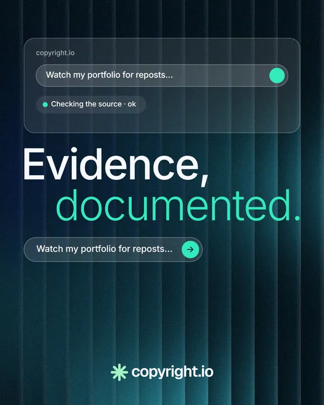 Instagram portrait post for copyright.io: "Evidence, documented." Agentic glass style, stacked layout, dark palette in blue, black, teal.