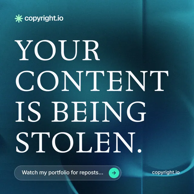 Instagram post for copyright.io: "Your content is being stolen." Agentic glass style, poster layout, dark palette in blue, teal.