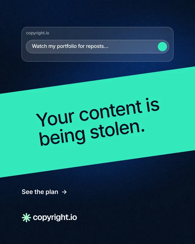 Instagram portrait post for copyright.io: "Your content is being stolen." Minimal luxury style, diagonal layout, dark palette in teal, black, blue.