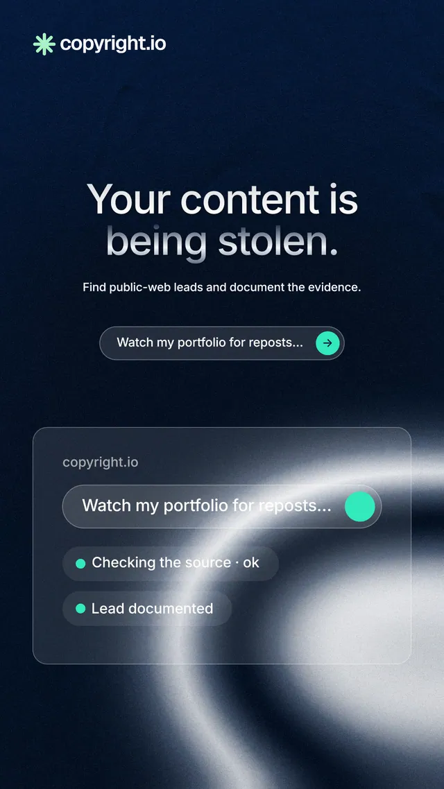 Instagram story for copyright.io: "Your content is being stolen." Agentic glass style, centred layout, dark palette in blue, black, grey.