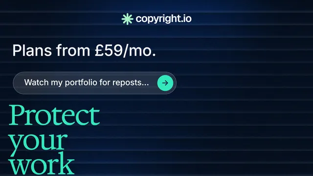 Landscape graphic for copyright.io: "Your content is being stolen." Agentic glass style, oversized layout, dark palette in black, blue, teal.