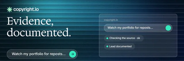 X header for copyright.io: "Evidence, documented." Agentic glass style, bottom layout, dark palette in blue, black, teal.