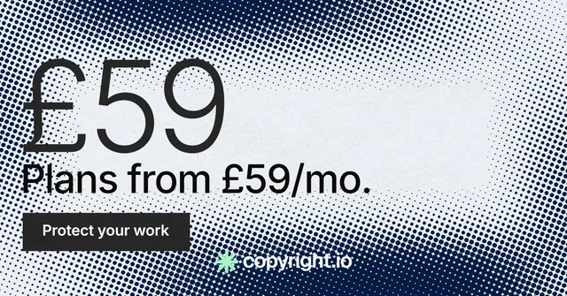 Social ad for copyright.io: "Protect your work." Retro print style, stat layout, light palette in grey, blue, white.