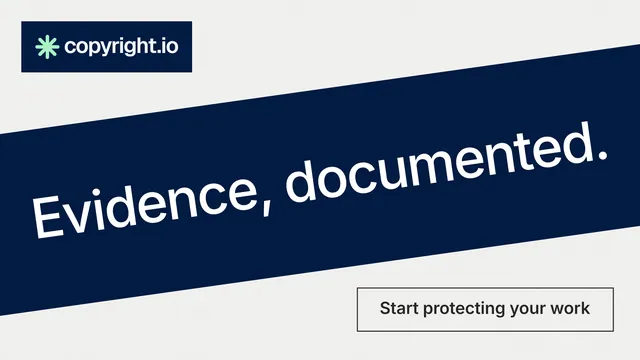 Landscape graphic for copyright.io: "Evidence, documented." Editorial style, diagonal layout, light palette in white, blue, grey.