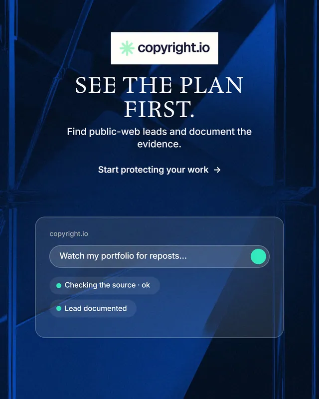 Instagram portrait post for copyright.io: "See the plan first." Minimal luxury style, centred layout, dark palette in blue, black.