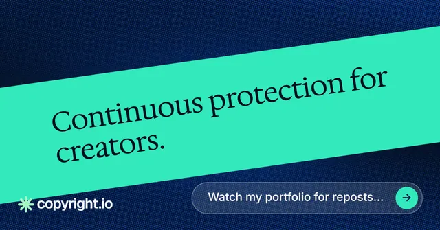 Social ad for copyright.io: "Continuous protection for creators." Agentic glass style, diagonal layout, light palette in teal, blue.