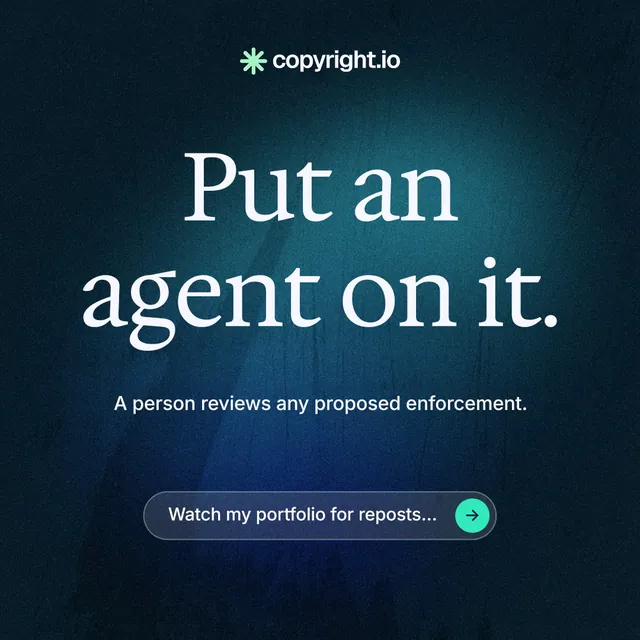 Instagram post for copyright.io: "Put an agent on it." Agentic glass style, centred layout, dark palette in blue, black.