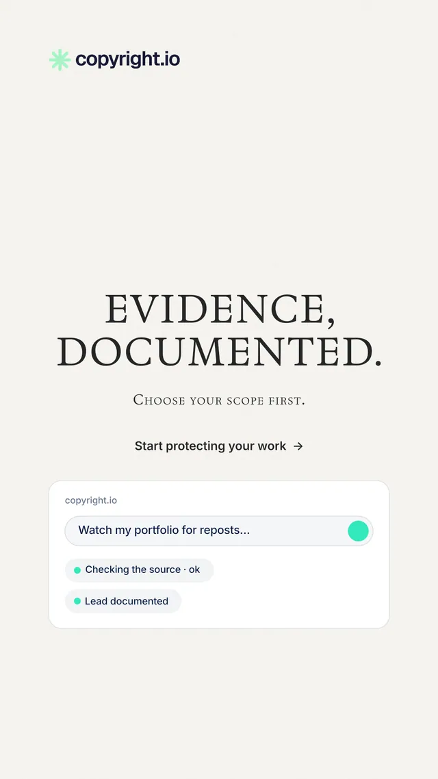 Instagram story for copyright.io: "Evidence, documented." Minimal luxury style, smallcaps layout, light palette in white.