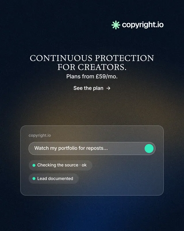 Instagram portrait post for copyright.io: "Continuous protection for creators." Minimal luxury style, centred layout, dark palette in black, grey.
