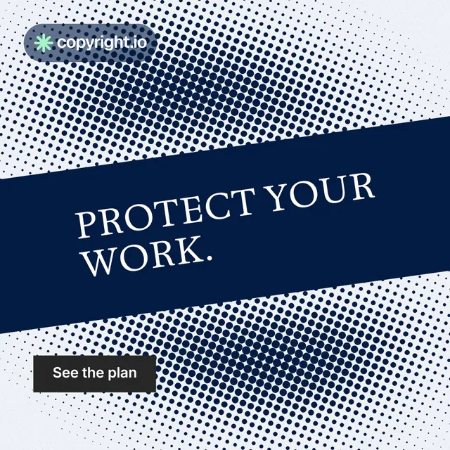 Instagram post for copyright.io: "Protect your work." Split block style, diagonal layout, light palette in blue, grey.