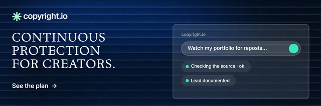 X header for copyright.io: "Continuous protection for creators." Minimal luxury style, bottom layout, dark palette in blue, black.