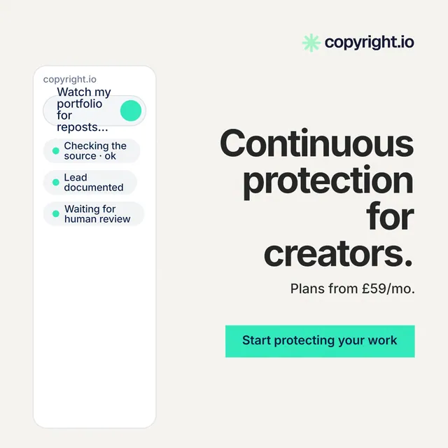Instagram post for copyright.io: "Continuous protection for creators." Swiss style, right layout, light palette in white, teal.