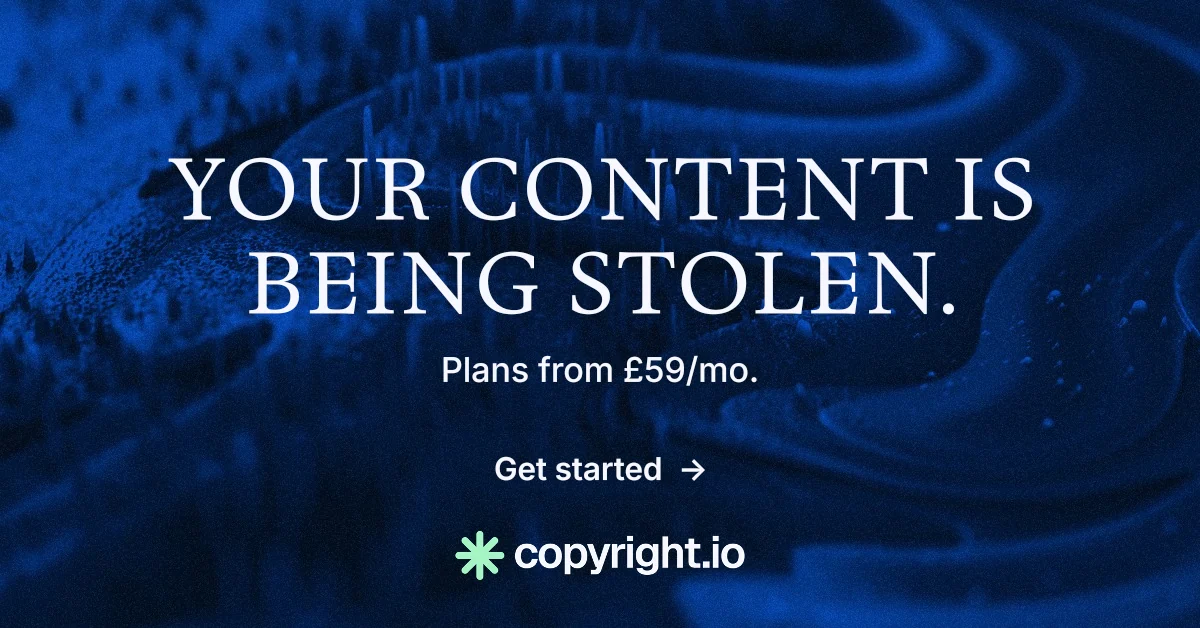 Social ad for copyright.io: "Your content is being stolen." Minimal luxury style, centred layout, dark palette in blue, black.