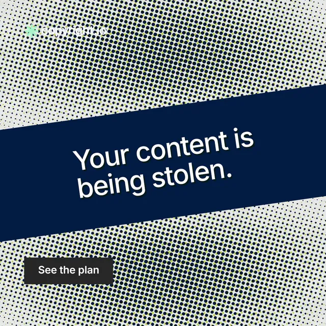 Instagram post for copyright.io: "Your content is being stolen." Swiss style, diagonal layout, light palette in grey, blue.