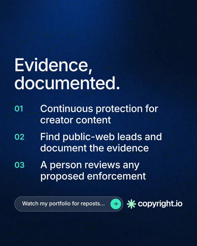 Instagram portrait post for copyright.io: "Evidence, documented." Agentic glass style, numbered layout, dark palette in blue, black.