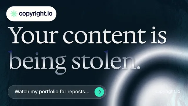 Landscape graphic for copyright.io: "Your content is being stolen." Agentic glass style, poster layout, dark palette in black, grey, blue.