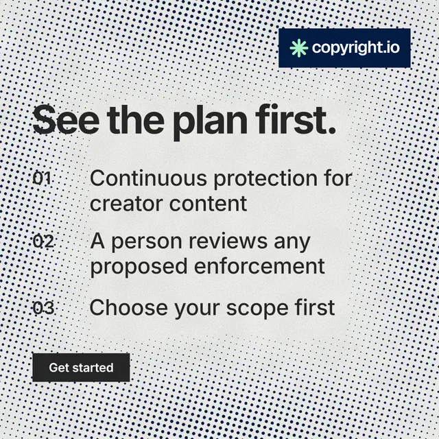 Instagram post for copyright.io: "See the plan first." Swiss style, numbered layout, light palette in white, grey.