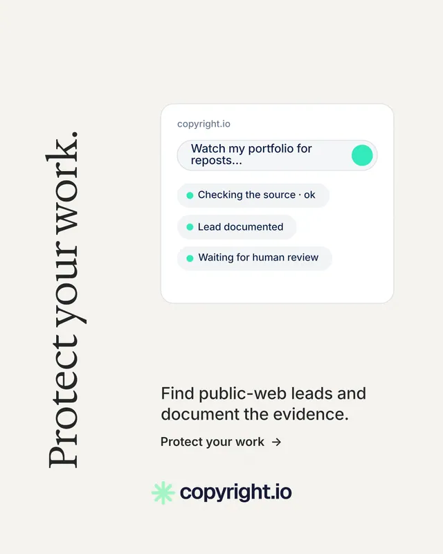 Instagram portrait post for copyright.io: "Protect your work." Minimal luxury style, vertical layout, light palette in white.