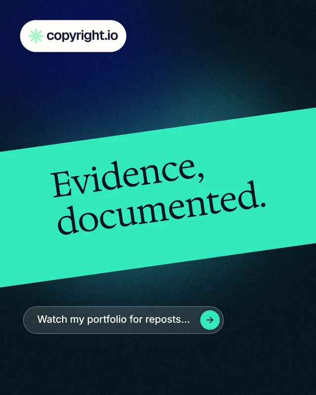 Instagram portrait post for copyright.io: "Evidence, documented." Agentic glass style, diagonal layout, dark palette in teal, black, blue.